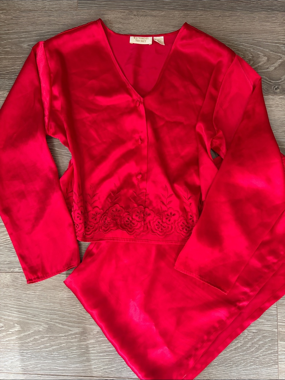 Victoria's Secret Gold Label Vibrant Red Satin Pajama Set with Embroidered Hem